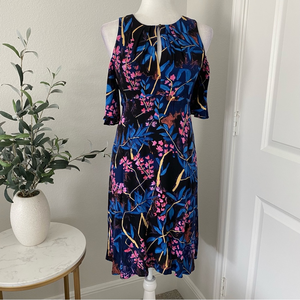 Anthropologie Maeve floral black blue pink knee length dress size 2